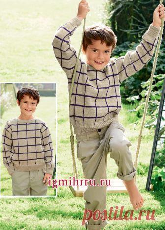 Пуловер в клетку для мальчика 4-12 лет. Вязание спицами