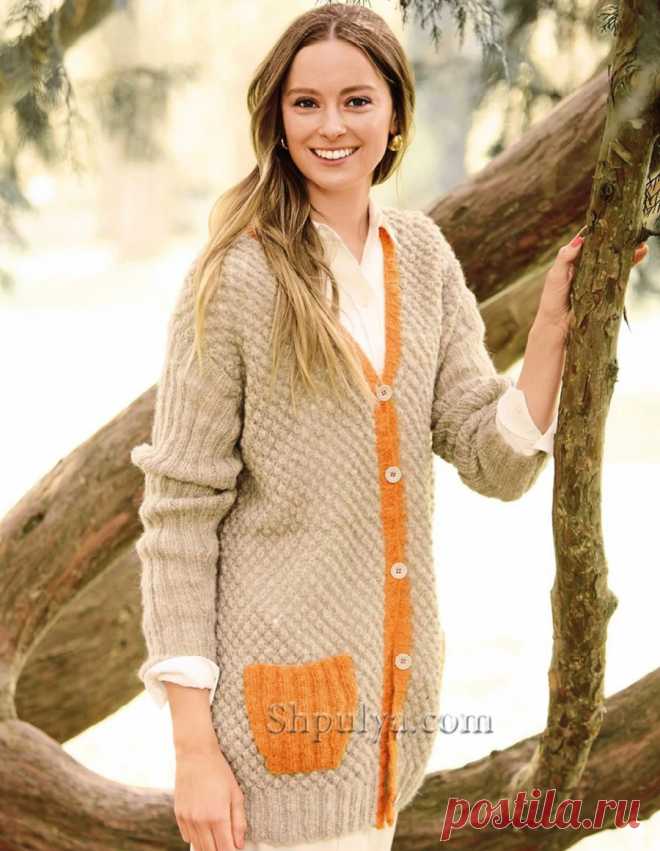 Вязаный кардиган с накладными карманами и узором из «розочек» — Shpulya.com - схемы с описанием для вязания спицами и крючком