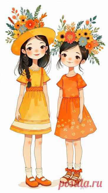 Две улыбчивые девочки в ярких нарядах и цветочном головном уборе против белого фона. Нейросеть Flux 1 - Flux.1 примеры промтов - Форум ИИ о нейросетях - Yes Ai