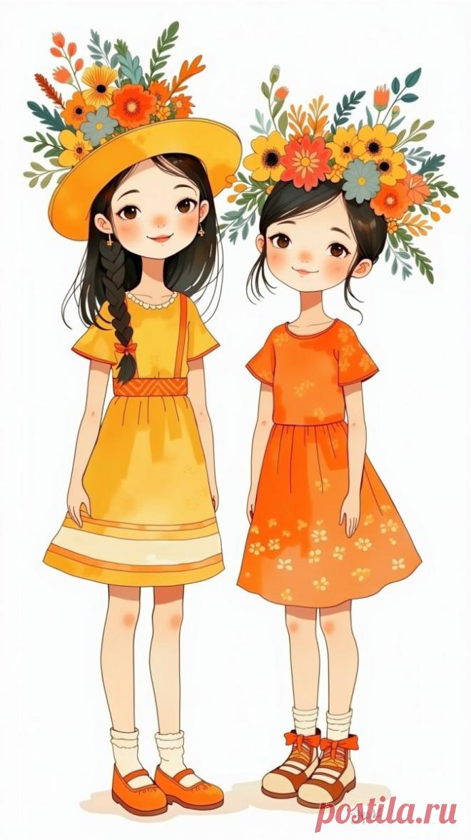 Две улыбчивые девочки в ярких нарядах и цветочном головном уборе против белого фона. Нейросеть Flux 1 - Flux.1 примеры промтов - Форум ИИ о нейросетях - Yes Ai