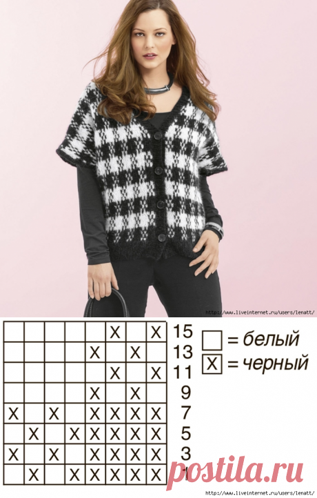 Спицы.Жилет с узором «Пепита»