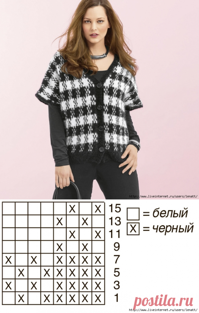 Спицы.Жилет с узором «Пепита»