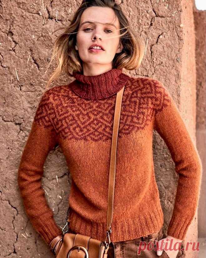 Пуловер с круглой кокеткой жаккардовым узором РАЗМЕРЫ: 36/38 (40/42) 44/46ВАМ ПОТРЕБУЕТСЯПряжа (72% хлопка, 17% овечьей шерсти, 11% шерсти альпака; 215 м/50 г) — 200 (250) 300 г терракотовой и 50 (100) 100 г бордовой;спицы №4 и 4,5; круговые спицы №4,5 длиной 80 см и 60 см; круговые спицы №4 длиной 40 см.РЕЗИНКАВязание (спицы...