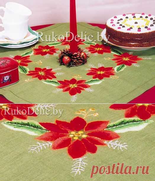 Салфетка ”Пуансеттия – Рождественская звезда” :: Салфетки :: Вышивка гладью/Napkins with a satin stitch embroidery :: RukoDelie.by