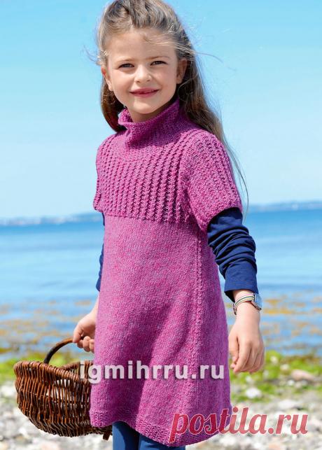 Для девочки 3-9 лет. Туника с воротником-стойкой и кокеткой из «кос». Вязание спицами для девочек