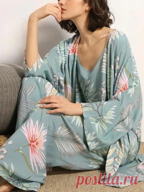 Women Leaves Print Sling Wide Leg Pants Home Pajamas With Long Sleeve Cardigan - US$29.99