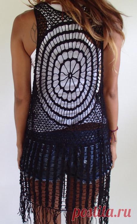 Bohemian Webbed Crochet Long Vest with Fringe. Black or