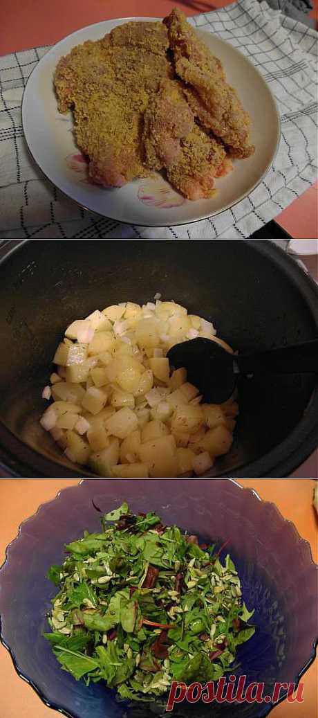 ужин за 50 минут: Шницель куриный, сотэ из картофеля и брокколи и салат-микс с черри и огурцом | 4vkusa.ru