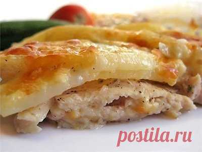 Картошка по-царски 

Ингредиенты: 
-филе курицы - 500 г 
-картофель - 2-3 шт 
-майонез 
-сыр 
-соль, перец 

Приготовление: 
Филе курицы нарезать толщиной 1 см, отбить слегка, выложить в форму так, чтобы она покрыла все дно. Посолить, поперчить 
Картофель нарезать толщиной 2 мм, посолить, поперчить, перемешать 
Выложить на филе 
Сверху полить майонезом 
И посыпать тертым сыром 
Накрыть фольгой и в разогретую до 180-200 С духовку на 1 час 
Через час убрать фольгу и дать кор...