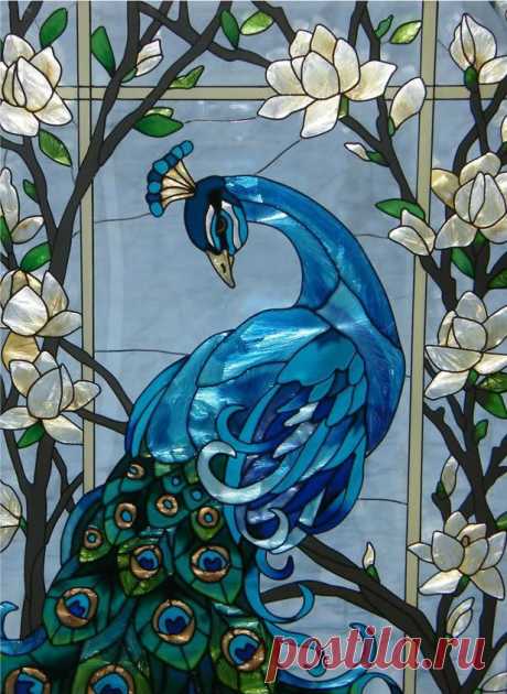 MAGNIFICENT * PEACOCK 17x37 STAINED GLASS WINDOW PANEL
