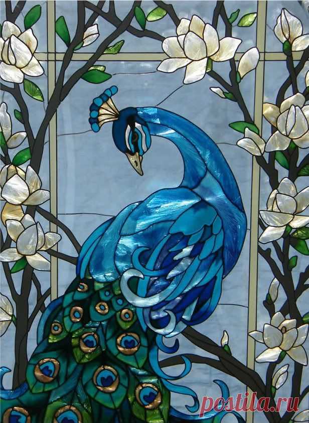 MAGNIFICENT * PEACOCK 17x37 STAINED GLASS WINDOW PANEL