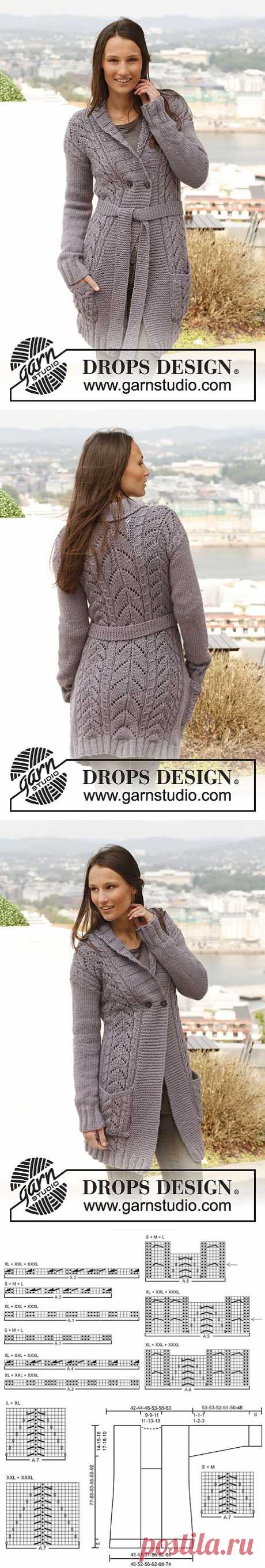 Knitted DROPS jacket with cables, lace pattern and band collar in ”Nepal”. Size: S - XXXL. ~ DROPS Design