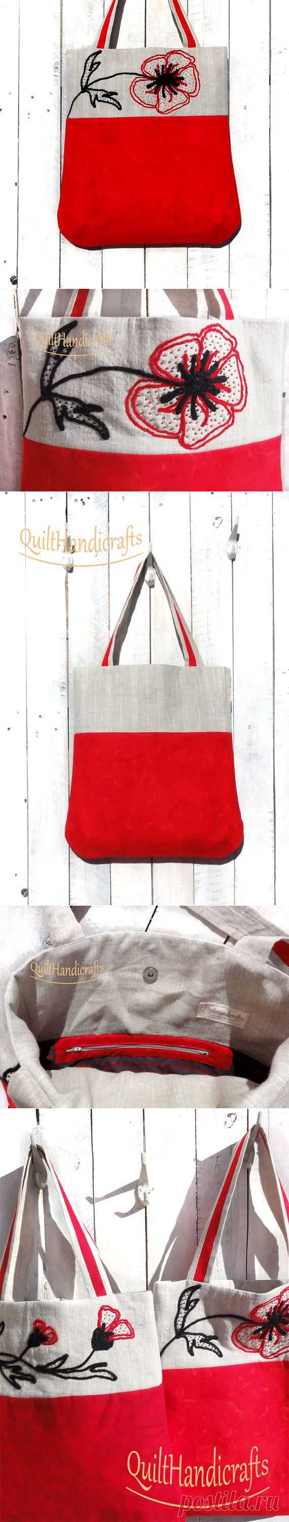 Red linen bag for women Gorgeous floral by QuiltHandicrafts