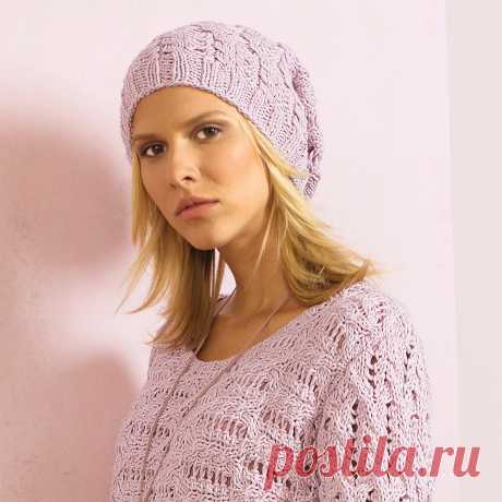 Розовая шапка с узором из «кос» - схема вязания спицами. Вяжем Шапки на Verena.ru