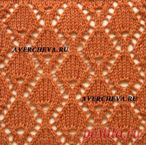 «Схема узора: В схеме указаны и лицевые и изнаночные ряды.Раппорт узора 12 петель в ширину и 16 рядов в высоту. Условные обозначения :   ОРАНЖЕВАЯ КЛЕТОЧКА - НЕТ ПЕТЛИ     -ЛИЦЕВАЯ (лицевая в лицевых рядах, в изнаночных-  изнаночная.)   накид   Две лицевые провязать вместе лицевой с наклоном вправо ( Спицу ввести во  2-ю петлю и 1-ю петлю, начиная со второй и провязать их вместе.)   Две  лицевые  провязать вместе с наклоном влево (Первую петлю снять как при лицевом вязании...