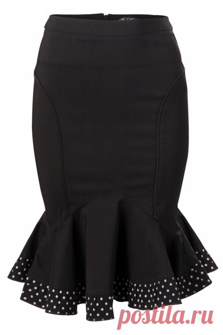 Marlene skirt polka dot frill bow The Marlene black skirt with polka dot frill & bow from Bunny. Playfull pencil skirt ending in a polka dot frill.Made from a stretch firm fabric for a pefect fit. At the front 2 satin black pipings and a zip at the back finished off with a cute bow. 