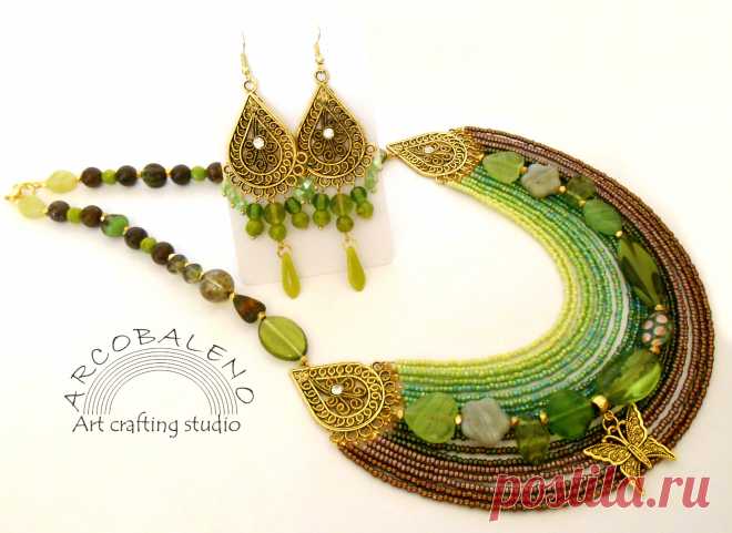 Комплект.  Чешское стекло, Чешский и Японский бисер, Бронзит, Хрусталь.🌿