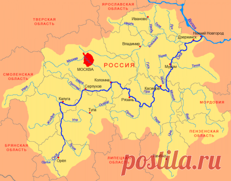 Карта реки Оки. Города на Оке Орёл, Белёв, Калуга, Алексин, Таруса, Серпухов, Ступино, Кашира, Коломна, Рязань, Касимов, Муром, Павлово, Дзержинск, Нижний Новгород, Притоки Волги. Шуховская башня. Река Ока.