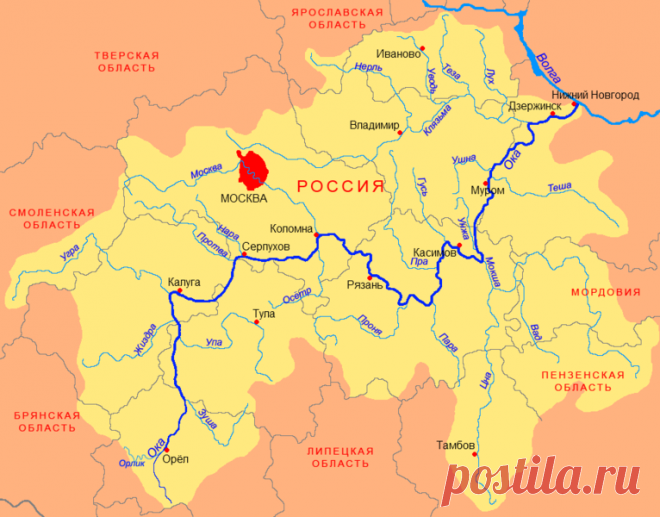 Карта реки Оки. Города на Оке Орёл, Белёв, Калуга, Алексин, Таруса, Серпухов, Ступино, Кашира, Коломна, Рязань, Касимов, Муром, Павлово, Дзержинск, Нижний Новгород, Притоки Волги. Шуховская башня. Река Ока. Сайт. Фото. Картинка. Реферат.