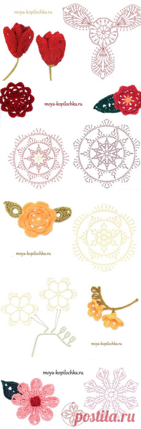 Вязаные цветы. 100 цветочных мотивов для вязания крючком со схемами | Подружки