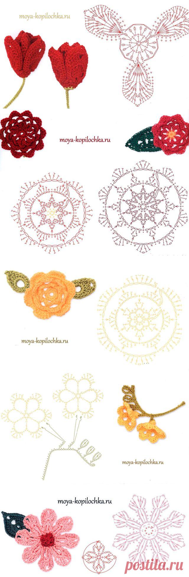 Вязаные цветы. 100 цветочных мотивов для вязания крючком со схемами | Подружки