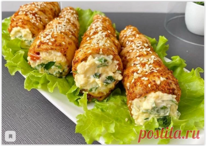 Из куриного филе делаю трубочки и заполняю их вкусной начинкой - получается вкуснейшая закуска