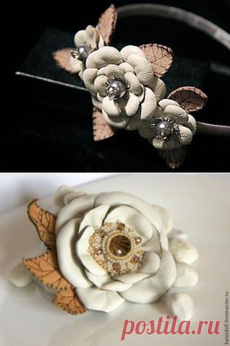 Кожаные цветы ручной работы на ободке для волос. МК Kate Idoll .
