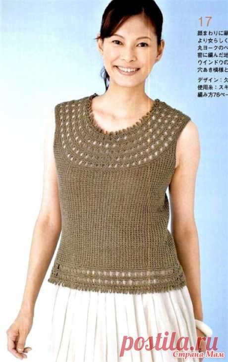 Летний топ с ажурной круглой кокеткой. Спицы.