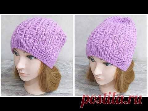 Женская шапка-бини спицами узором 