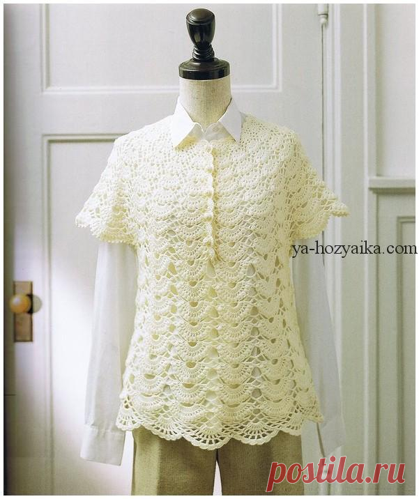 Кофточка с круглой кокеткой крючком. Ажурная кофточка крючком веерным узором
