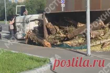 Перевернувшийся в Москве грузовик с бревнами сняли на видео