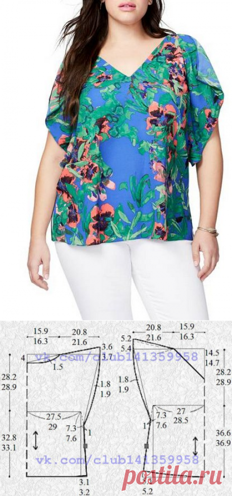 Шитье | простые выкройки | простые вещи.Блузка с рукавами &quot;бабочка&quot;, выкройка на размеры 44 и 46/48 (рос.).