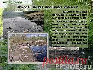 Экологическая проблема номер 2 Загрязнение воды приводит к размножению малярийных комаров, из-за чего ежегодно умирает около двух миллионов человек. Нехватку чистой воды испытывают более миллиарда человек при том, что 80 процентов всех инфекционных заболеваний передается через воду.