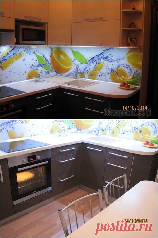 Угловая бежево-коричневая кухня 7 кв.м. с фартуком с апельсинами