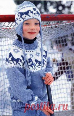 Детский пуловер с круглой кокеткой и шапка
