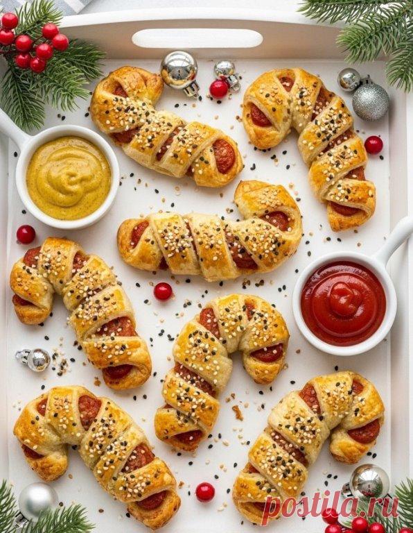 Сосиски в слоеном тесте
Тесто выбираем дрожжевое. Размораживаем, нарезаем на прямоугольник, у которого до середины один край режем на полоски. На каждую не разрезанную полоску выкладываем нарезанную кружочками сосиску в форме посоха-крючочка. И сразу накрываем ее нарезанными на полоски краем теста.
Смазываем желтком, посыпаем кунжутом и тмином.
Запекаем при 170 градусах 15 минут.