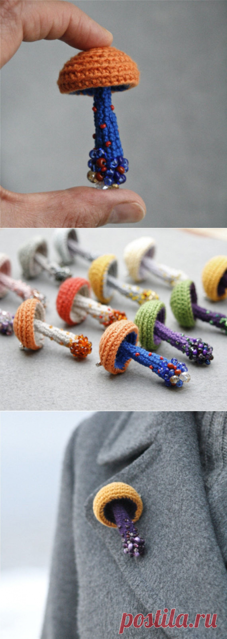 Beaded mushroom crochet brooch woodland jewelry whimsical