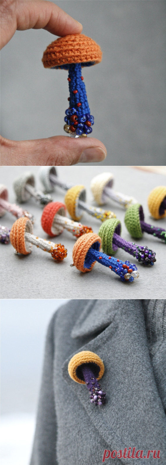 Beaded mushroom crochet brooch woodland jewelry whimsical