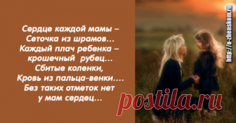 Сердце каждой мамы – Сеточка из шрамов… Каждый плач ребенка –крошечный  рубец… Сбитые коленки, Кровь из пальца-венки… Без таких отметок нет у мам сердец… Кашель и ангина, Жар у дочки, сына… Точечки ветрянки, ночи, что без сна… Кабинет зубного, Страх и слезки снова… Держит мама в сердце… Помнит все сполна… Первые обиды - Маленькие с виду… Только сердце мамы чувствует их боль… С каждым новым шрамом Жарче сердце мамы… - «Ты не бойся, крошка, я всегда с тобой.»