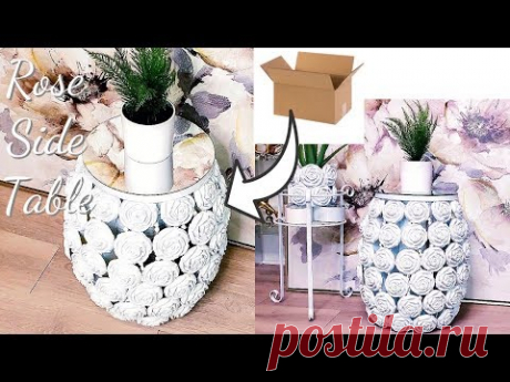 DIY ROSE SIDE TABLE - MIRROR AND VASE DECOR - CARDBOARD ROOM DECOR GIFT IDEAS!