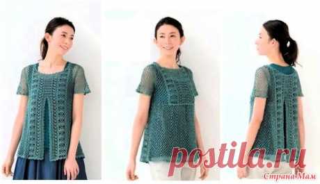 Бирюзовая ажурная кофточка-перевертыш.