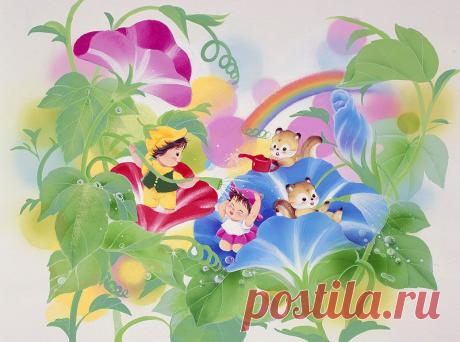 動物イラスト　朝顔のプールで遊ぶ妖精と動物たち