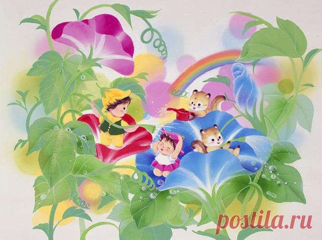 動物イラスト　朝顔のプールで遊ぶ妖精と動物たち