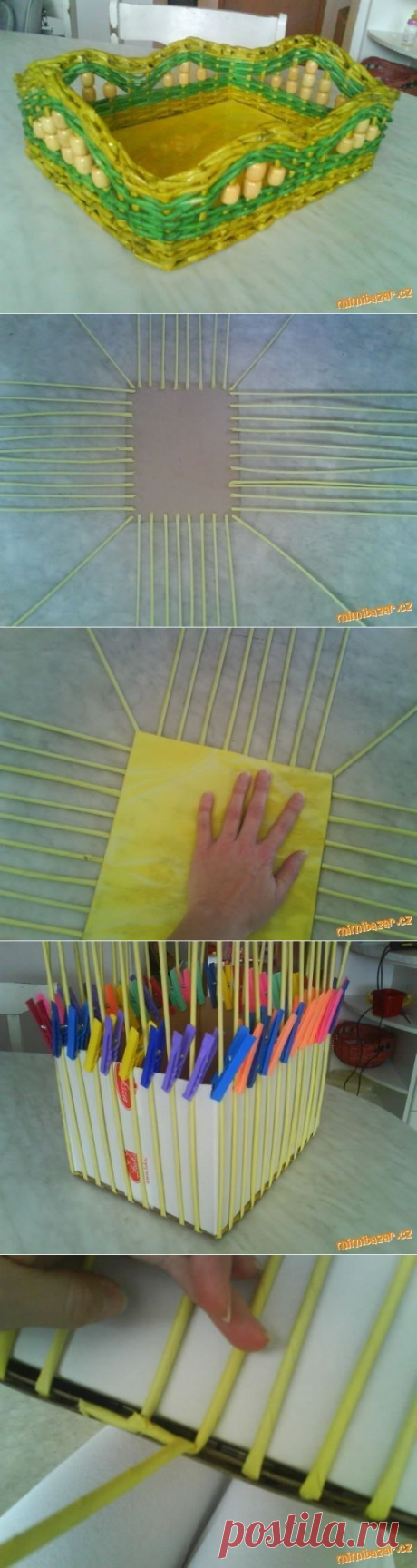 Красивая корзинка из газет с деревянными бусинами