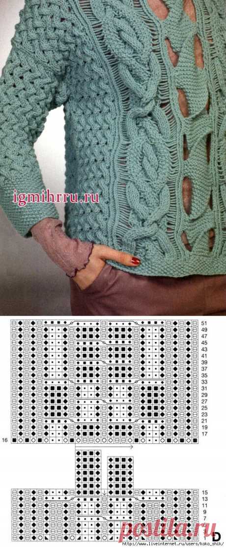 Зеленый джемпер спицами: микс узоров - дырчатый, плетенка и косы