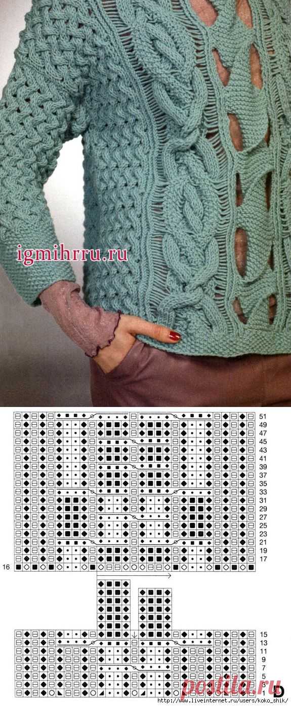 Зеленый джемпер спицами: микс узоров - дырчатый, плетенка и косы