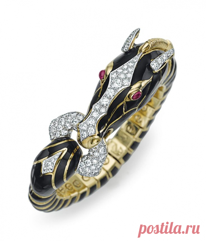 Браслет. Браслет с изображением лошади. Бесцветные бриллианты. Рубины. Золото. Эмаль от Дэвида Уэбба. CHRISTIE'S.