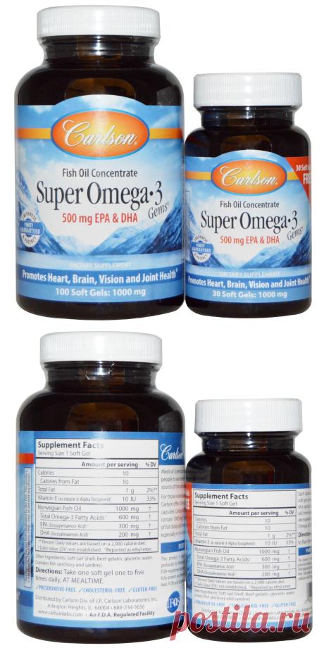 Carlson Labs, Super Omega·3 Gems, концентрированный рыбий жир, 1000 мг, 100 капсул + 30 бесплатных капсул - iHerb.com