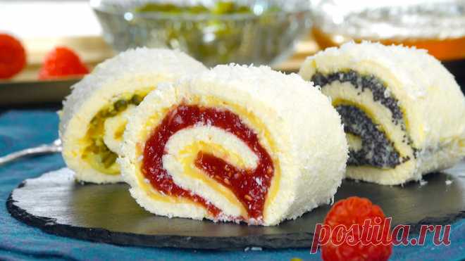 Очень красивый бисквитный рулет с кокосовой стружкой и тремя вкуснейшими начинками Забудьте про скучные рулеты, которые продаются в продуктовом магазине! Этот восхитительный бисквитный рулет с пудинговым кремом и начинками на любой вкус вы будете готовить снова и снова.