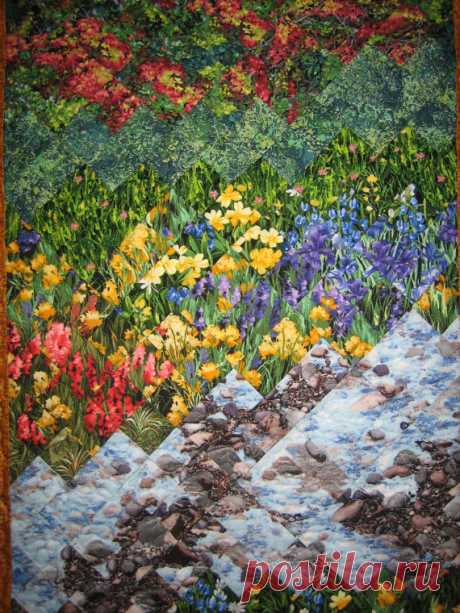 Art Quilt Mountain Stream Summer Flowers Fabric от TahoeQuilts